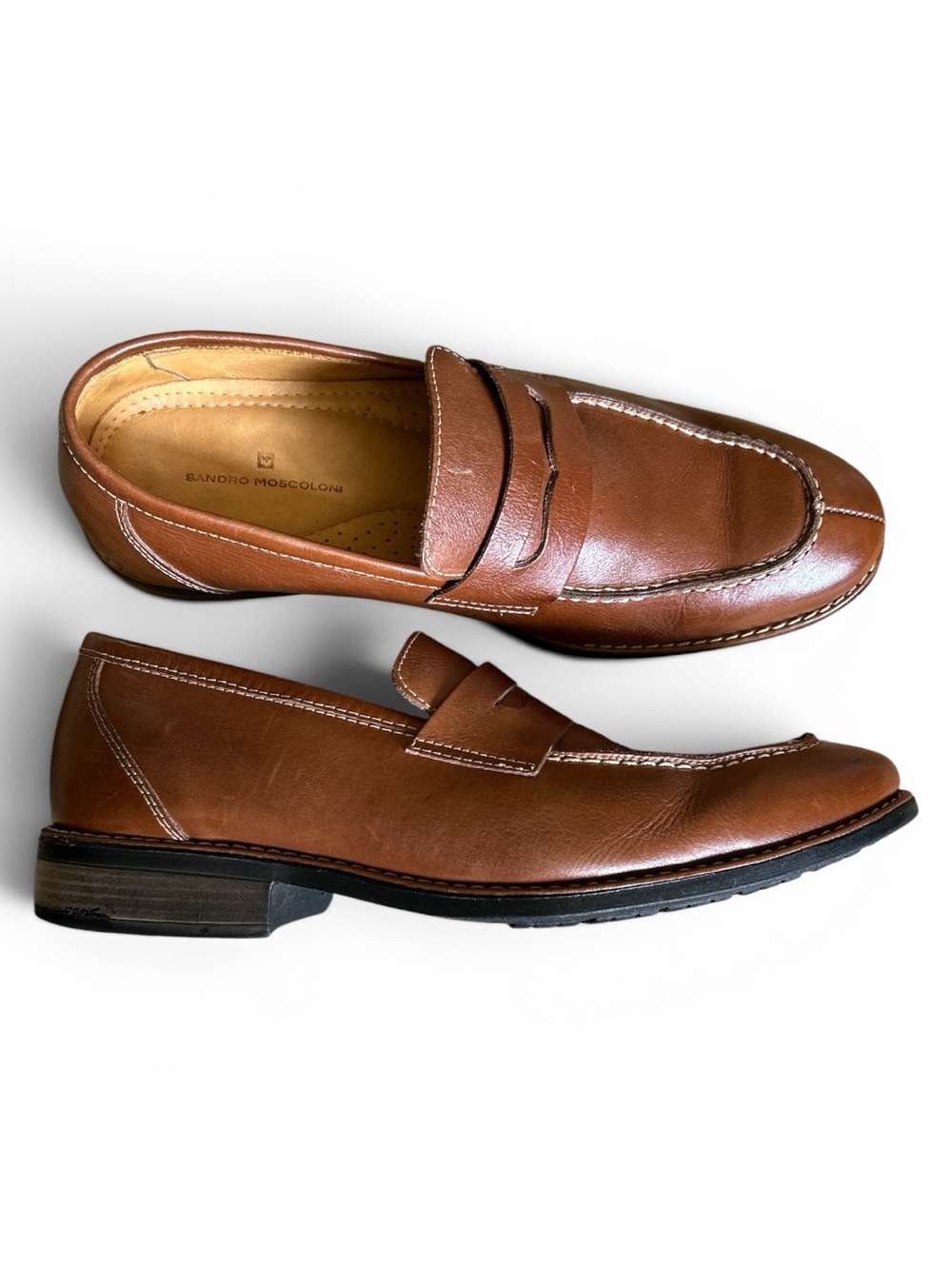 Sandro Moscoloni Cognac Tan Leather Penny Loafers Mens Size 9D Quiet Luxury Prep